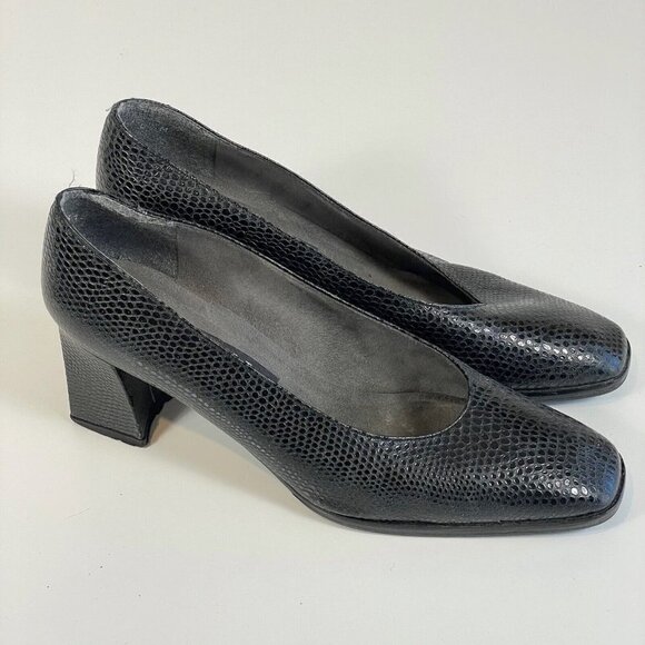 Stuart Weitzman Women Leather Snakeskin Pumps Black 6.5M Block Heels Square Toe - Picture 1 of 7